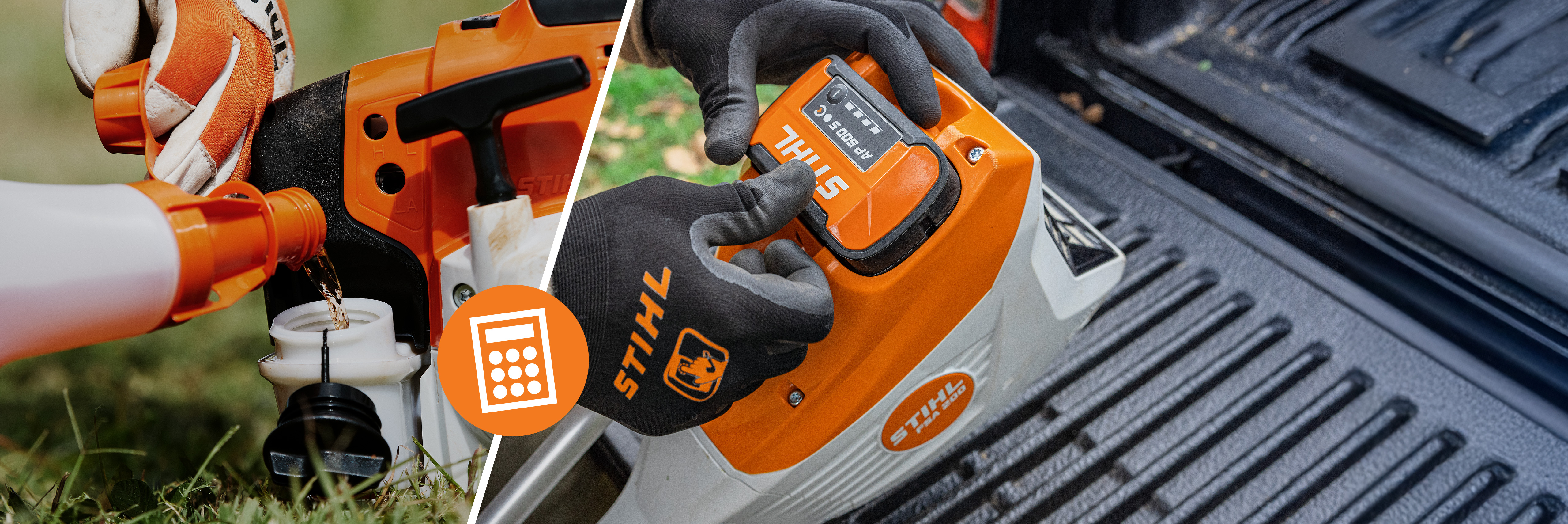 Kolaž koji upoređuje izvore napajanja za STIHL uređaje: levo se sipa gorivo u STIHL FS 351, a desno se STIHL AP 500 S baterija ubacuje u FSA 200. U sredini se nalazi kružna ikonica sa kalkulatorom koja sugeriše poređenje troškova ili efikasnosti.