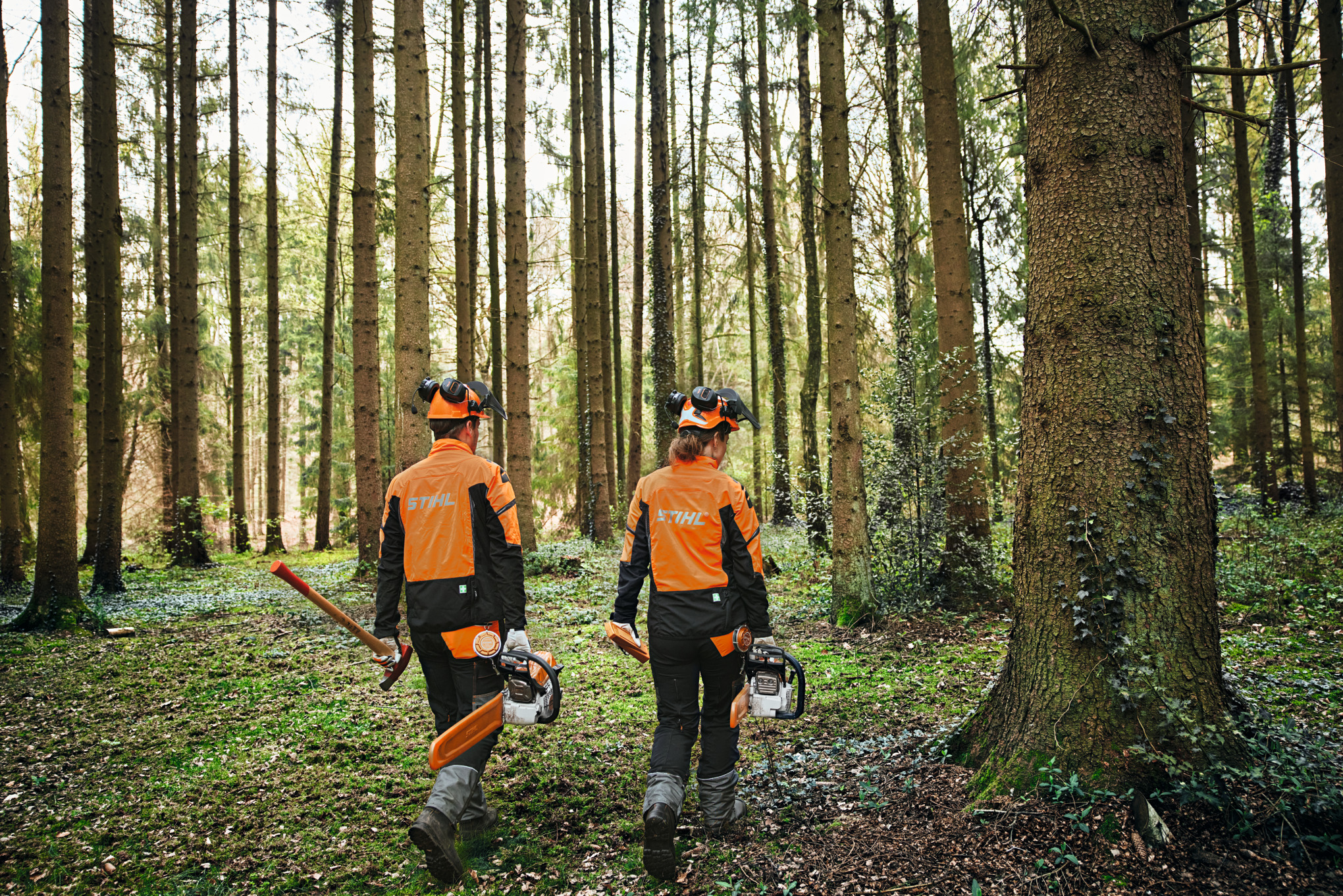 Dve osobe u šumi u zaštitnoj opremi sa motornim testerama i sekirom.