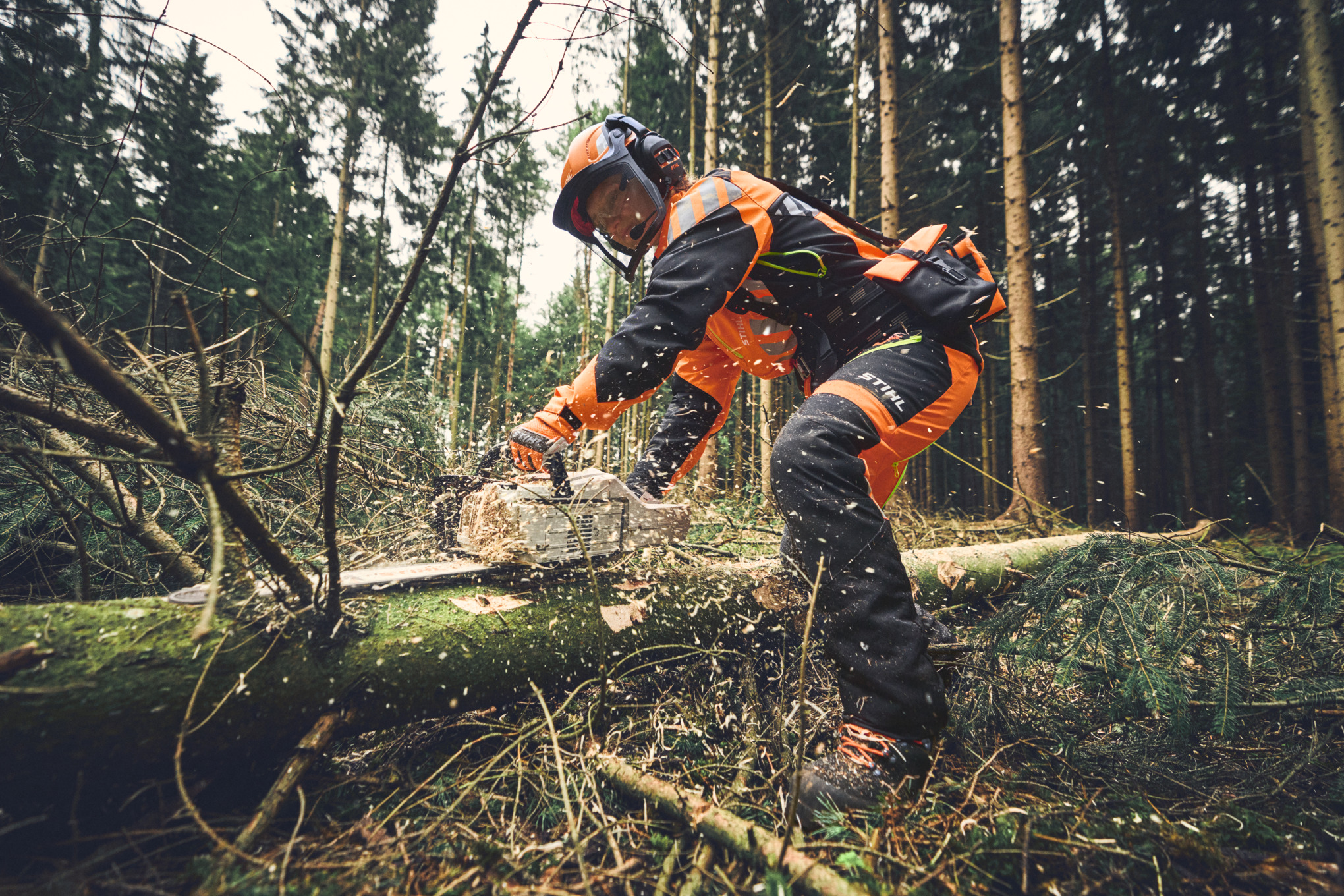 Šumar prilikom skidanja grana uz baterijsku motornu testeru STIHL MSA 300 i kompletnu LZO za šumarstvo 