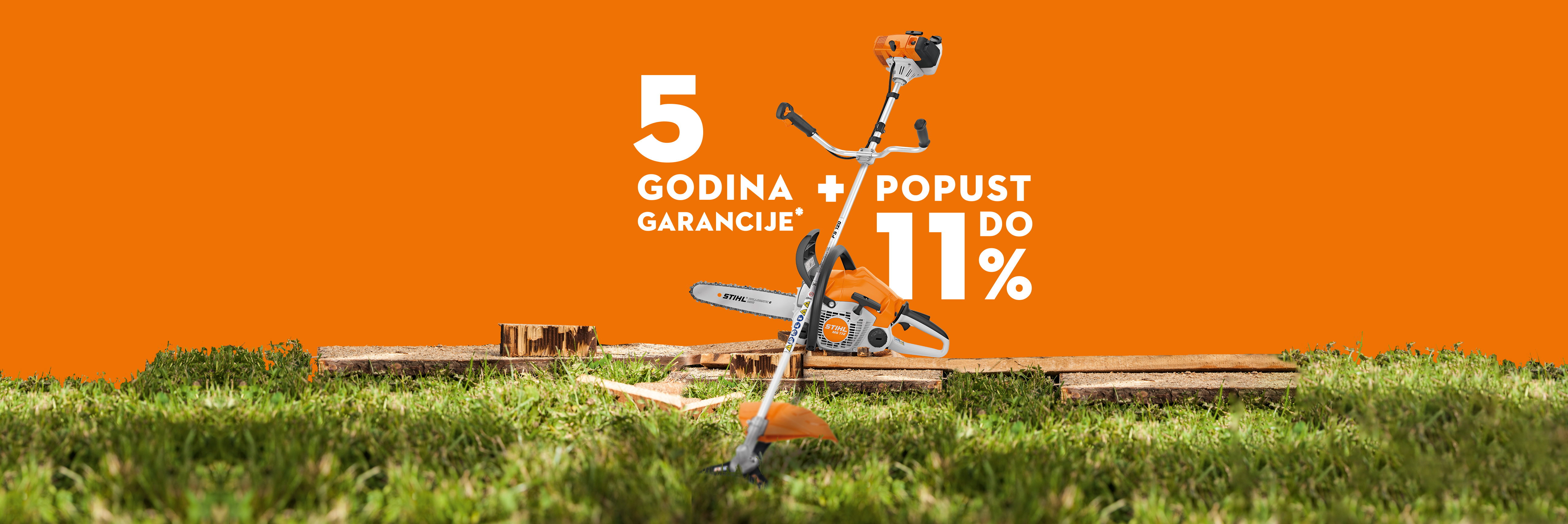 Trimer i testera na narandžastoj pozadini sa ispisom 5 godina garancije i do 11% popusta