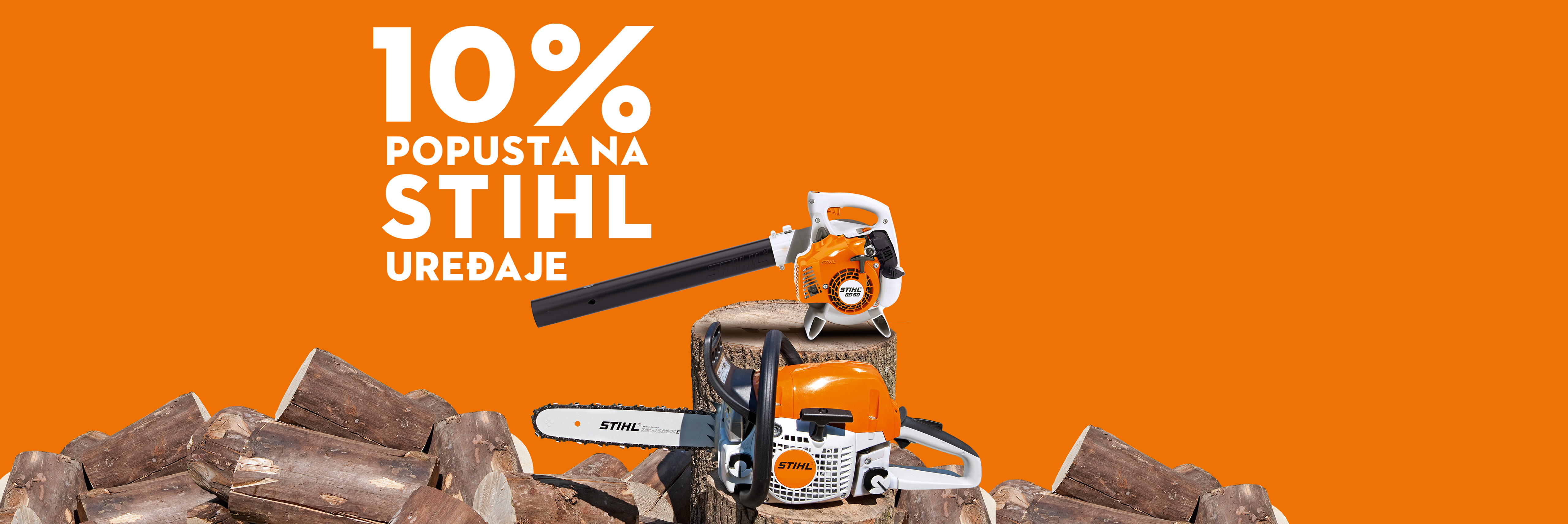Narandžasti baner sa duvačem i testerom na panju i natpis 10% popusta na STIHL uređaje