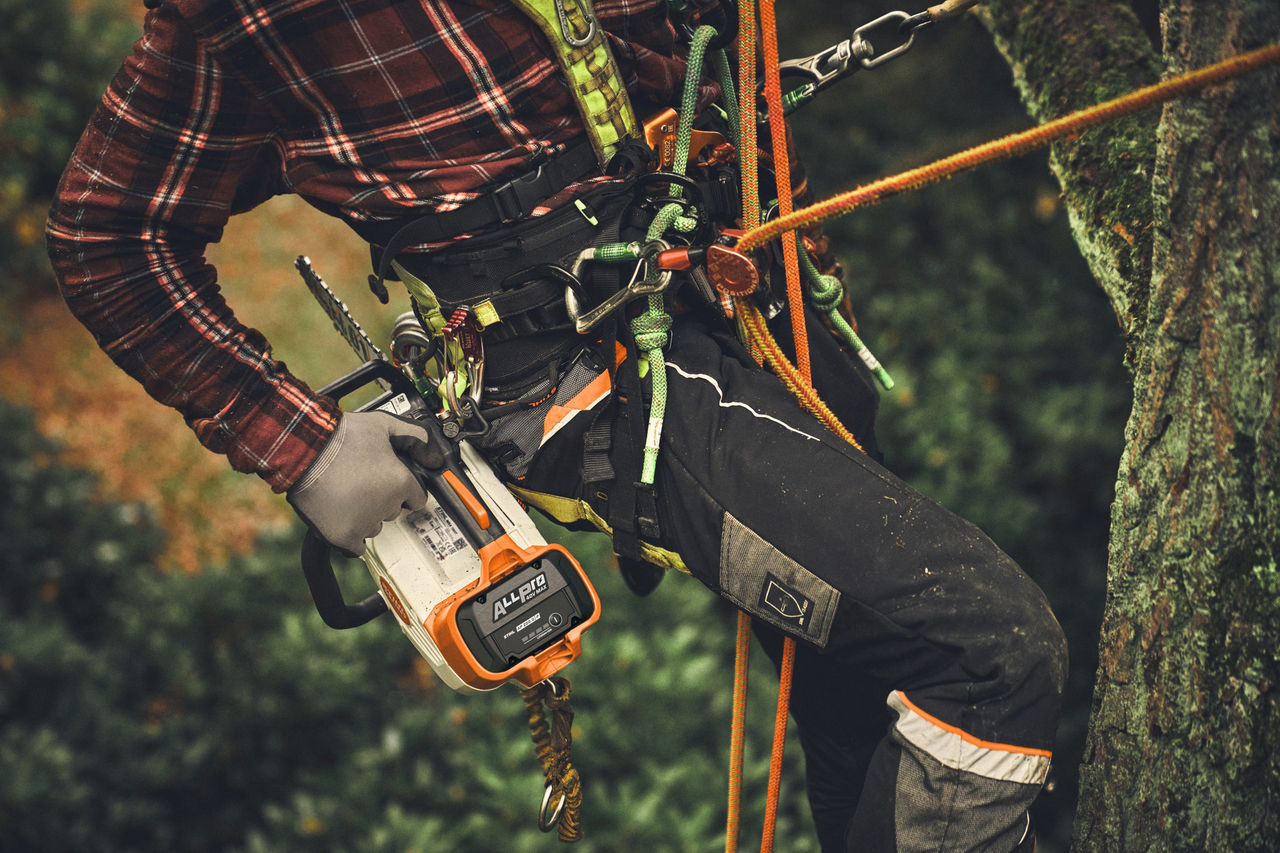 Krupni plan čoveka koji se penje na drvo sa ALLPRO baterijom u motornoj testeri STIHL MSA 190 T na baterijski pogon.