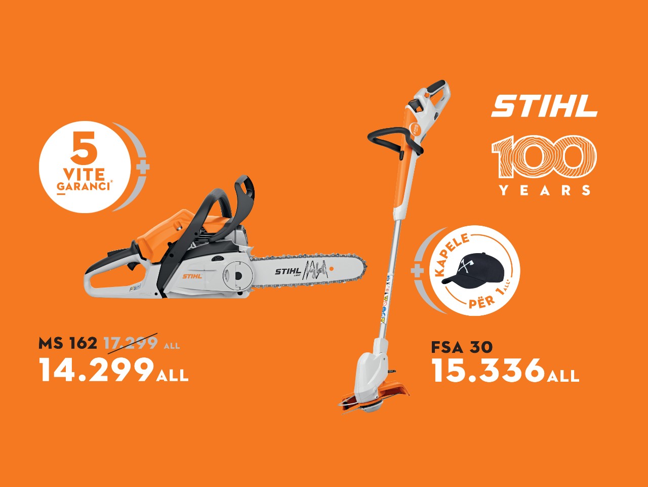 Motosharrë STIHL MS 162 dhe kositëse baterike FSA 30 në sfond portokalli, me çmime promocionale të theksuara, 5 vite garanci dhe vizual për 100 vjetorin e STIHL.